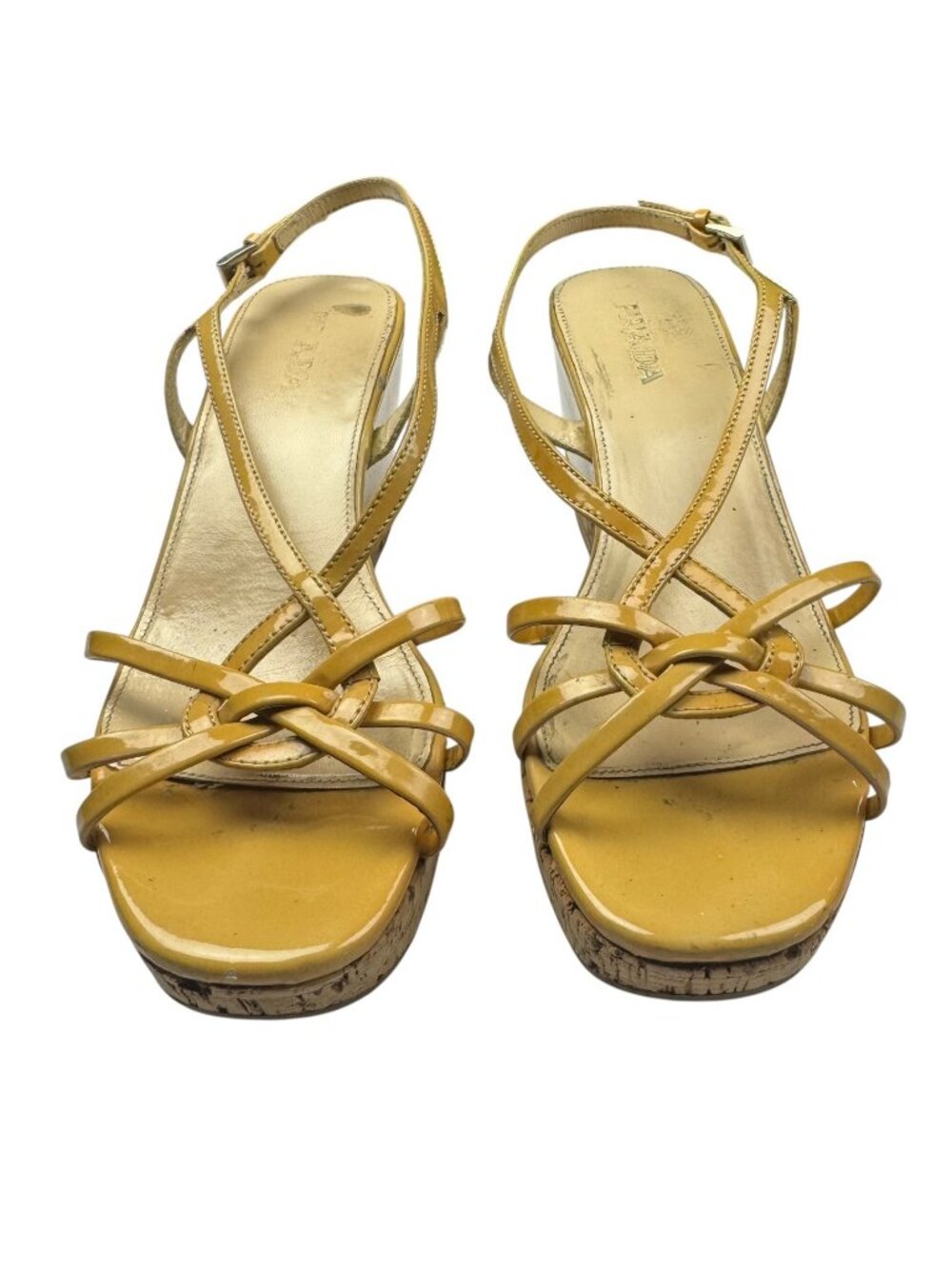 Prada Patent Leather Cork Wedge Platform Sandals Italy Brown Women's Size 37 EU - Picture 2 of 11